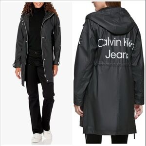 Calvin Klein Women's Long Hooded Raincoat XS Black Water Repellent Grunge NWT